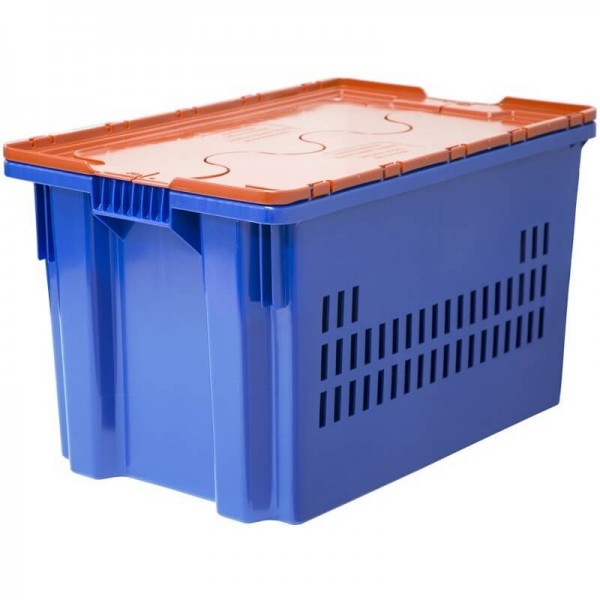 Пластиковый ящик перфорированный 600х400х365, синий, с крышкой Safe Pro